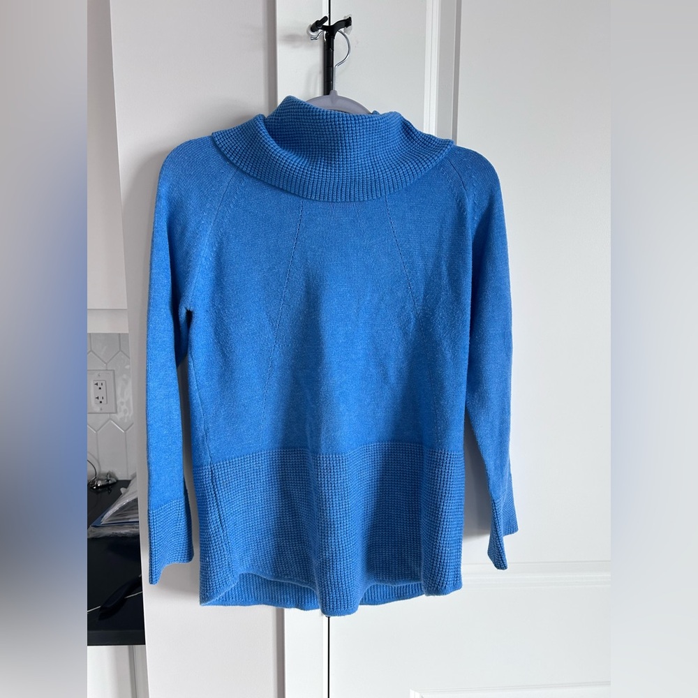 Contemporaine Blue Cowl Neck Sweater Soft Knit Long Sleeve Pullover Minimalist